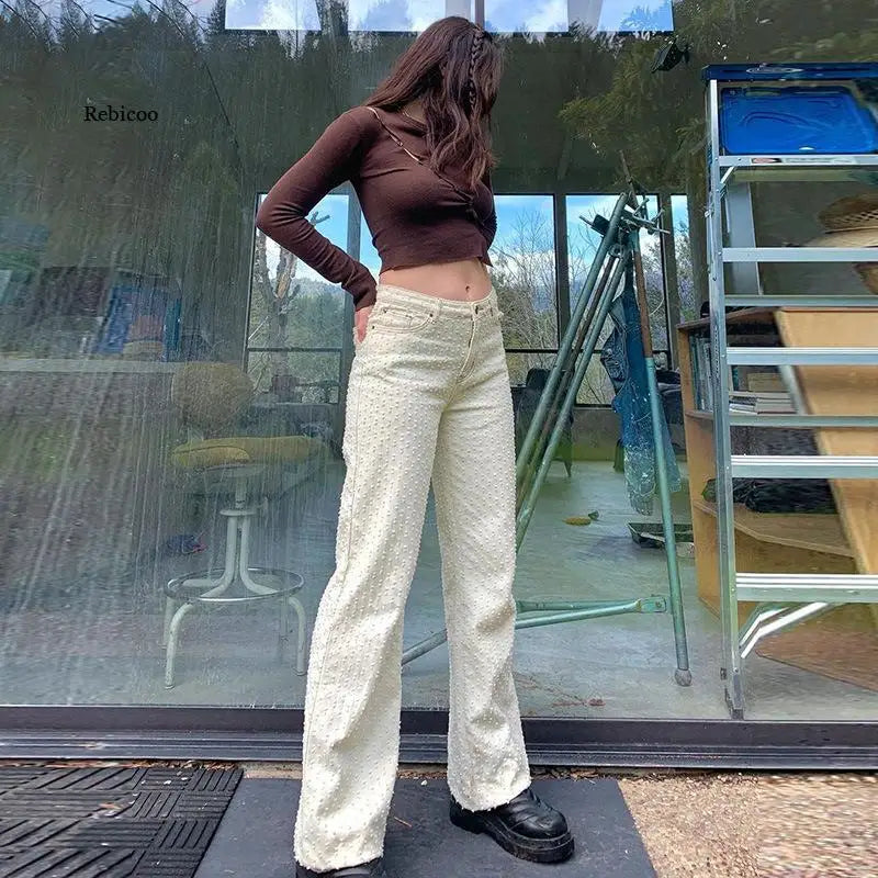 Floral Vintage Women Jeans Fashion Streetwear Ripped Baggy Boyfriend