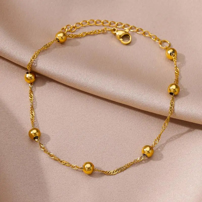 Stainless Steel Bead Chain Anklets for Women Accessories Gold Color
