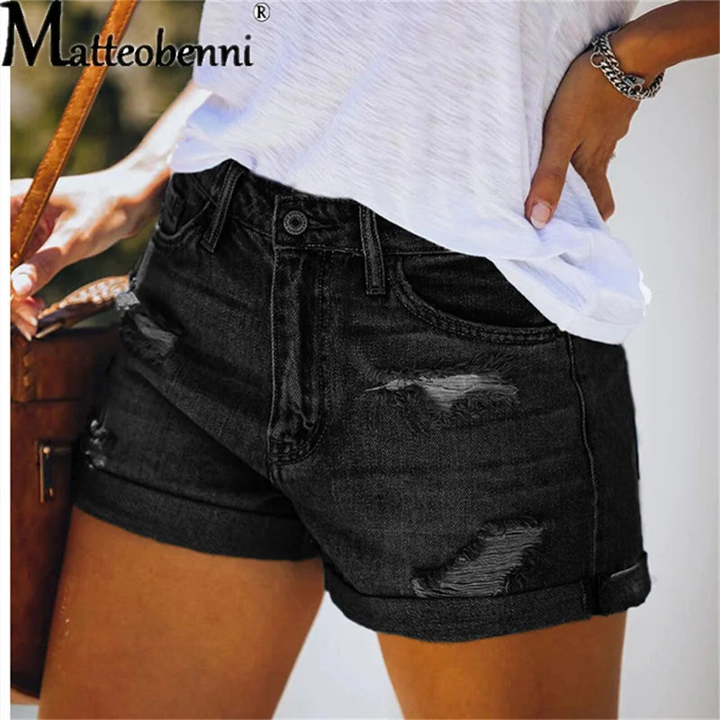 New Women Fashion Ripped High Waisted Rolled Denim Shorts Vintage Hole