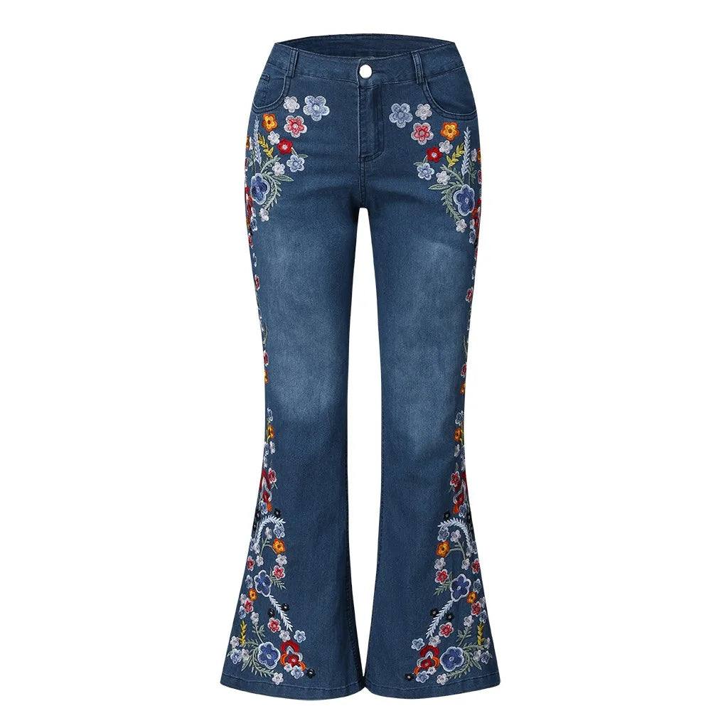 Blue Jeans Women Stretch Floral Embroidered Flared Jeans Fashion High