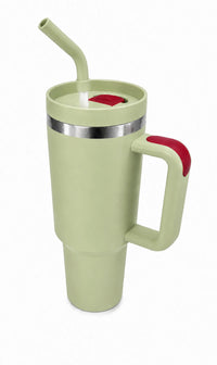 Sage green 40oz travel mug with double-wall insulated stainless steel body, tapered cup holder base, comfort handle, and reusable straw lid for daily hydration on a white background.