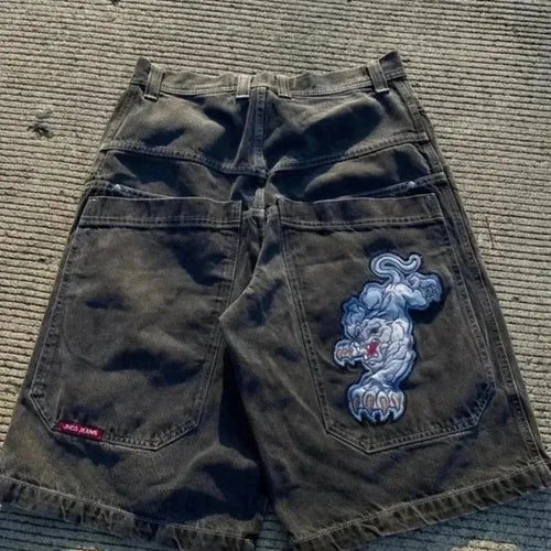 Y2K Baggy Shorts Mens New Wing Embroidered Denim Shorts Vintage