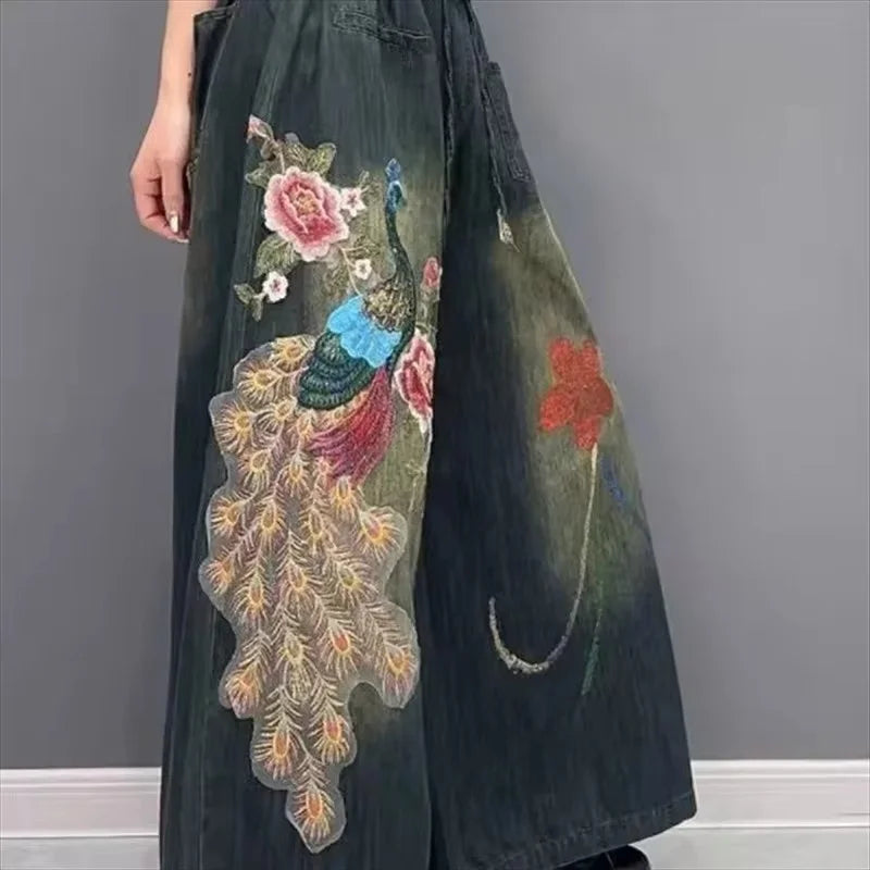Vintage Jeans Spring Autumn New Korean Embroidery Flower Fashion