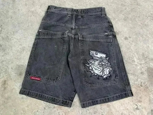 Y2K Baggy Shorts Mens New Wing Embroidered Denim Shorts Vintage