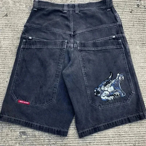 Y2K Baggy Shorts Mens New Wing Embroidered Denim Shorts Vintage