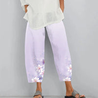 Thumbnail for Cotton Linen Elegant Vintage Floral Print Women Pants Elastic Waist