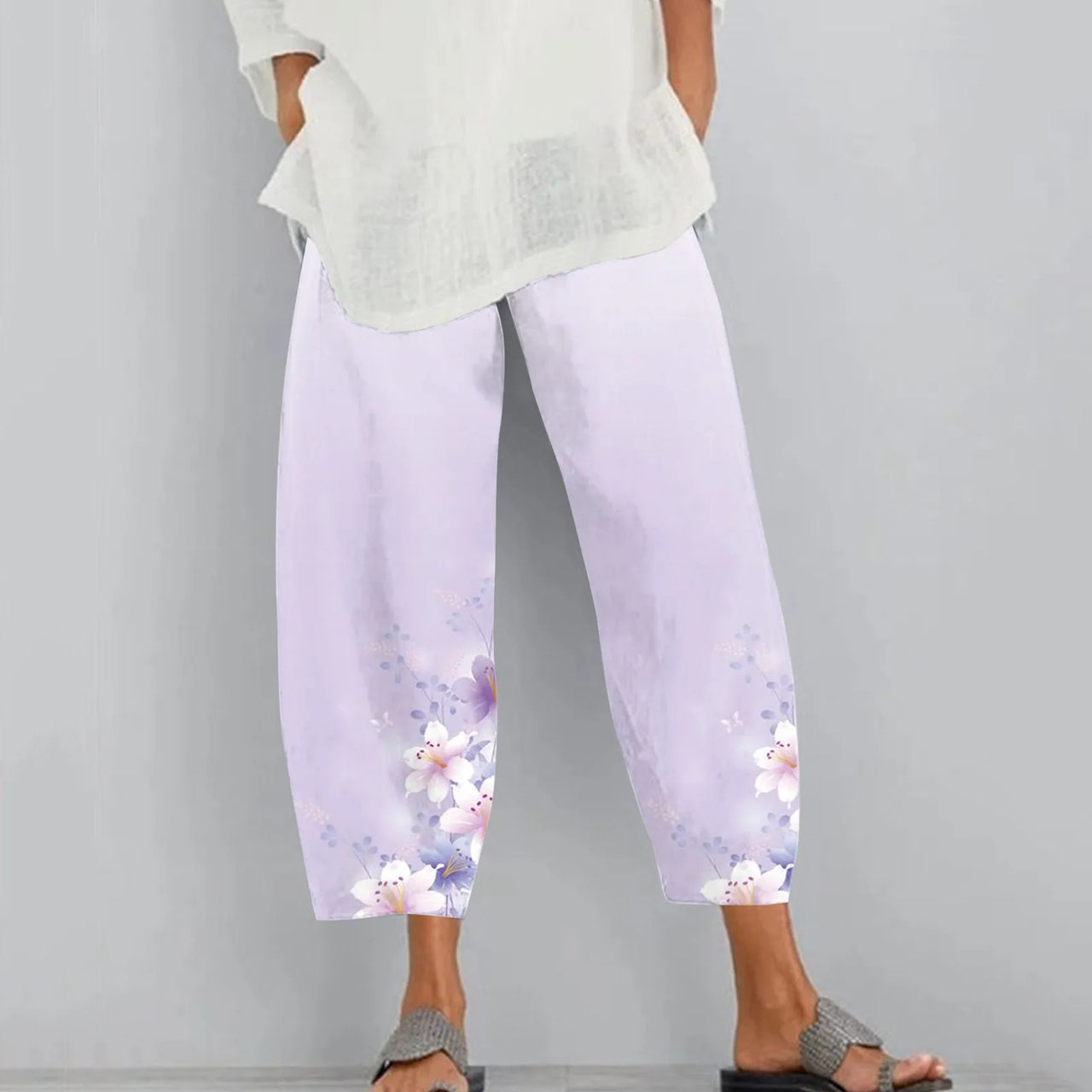 Cotton Linen Elegant Vintage Floral Print Women Pants Elastic Waist