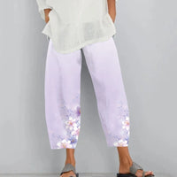 Thumbnail for Cotton Linen Elegant Vintage Floral Print Women Pants Elastic Waist