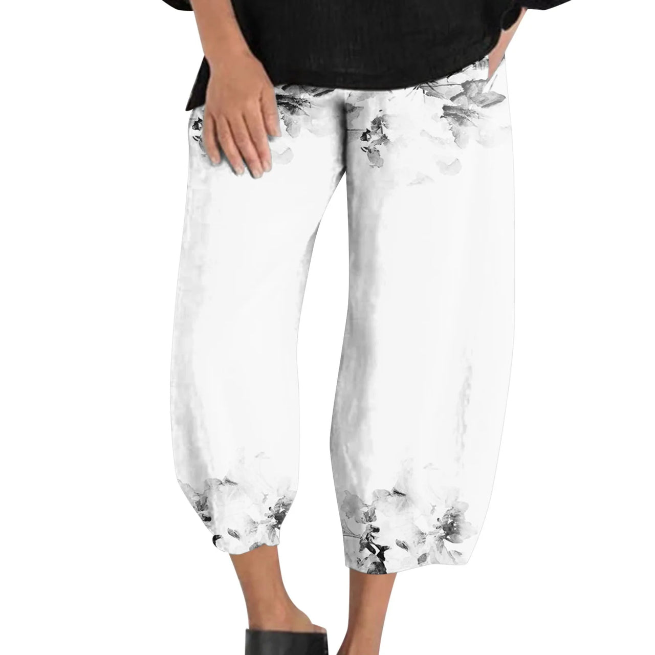 Cotton Linen Elegant Vintage Floral Print Women Pants Elastic Waist