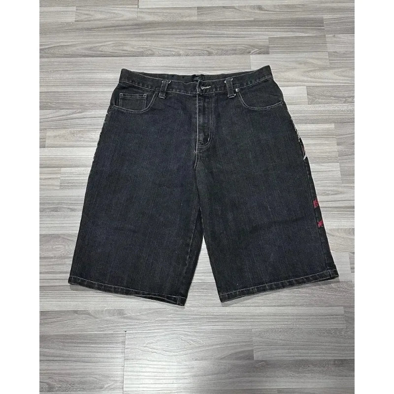 Y2K Baggy Shorts Mens New Wing Embroidered Denim Shorts Vintage