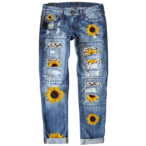 Patchwork Woman Jeans Mom Pants Blue Vintage High Waist Ripped