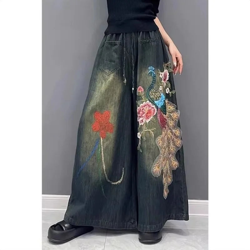 Vintage Jeans Spring Autumn New Korean Embroidery Flower Fashion