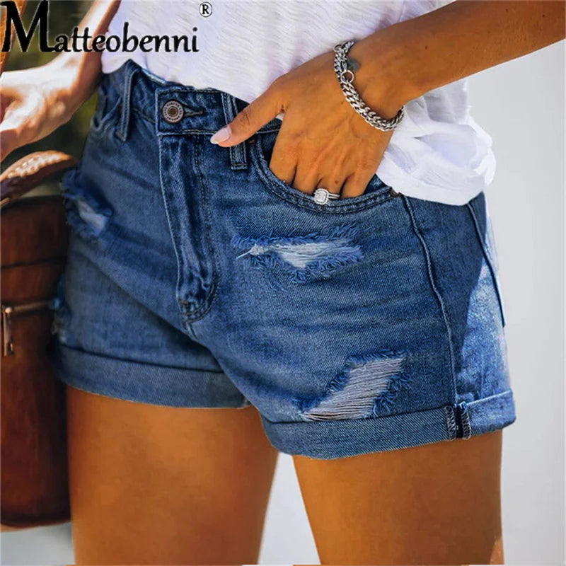 New Women Fashion Ripped High Waisted Rolled Denim Shorts Vintage Hole