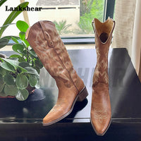 Thumbnail for V-Mouth Thick High-Heeled Embroidery Cowboy Boots Retro Western Boots