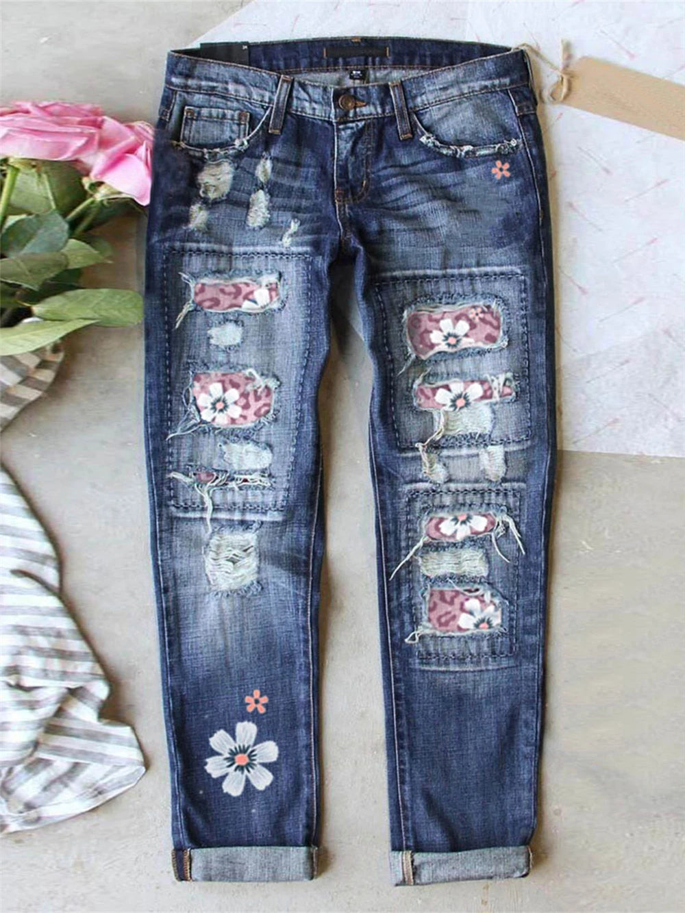 Patchwork Woman Jeans Mom Pants Blue Vintage High Waist Ripped