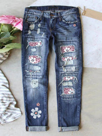 Thumbnail for Patchwork Woman Jeans Mom Pants Blue Vintage High Waist Ripped