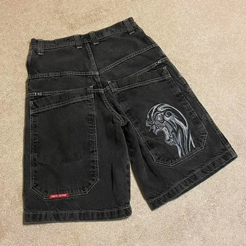 Y2K Baggy Shorts Mens New Wing Embroidered Denim Shorts Vintage