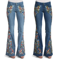 Thumbnail for Size S-4XL Elastic Flower Embroidered Flare Jeans Womens Retro Style