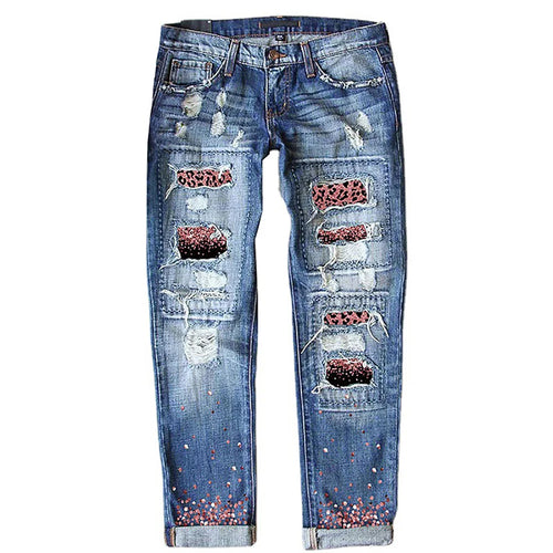 Patchwork Woman Jeans Mom Pants Blue Vintage High Waist Ripped