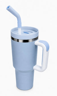 Sky blue 40oz reusable water bottle tumbler with stainless steel construction, comfort-grip handle, integrated straw lid, and insulated design for on-the-go drinking on a white background.