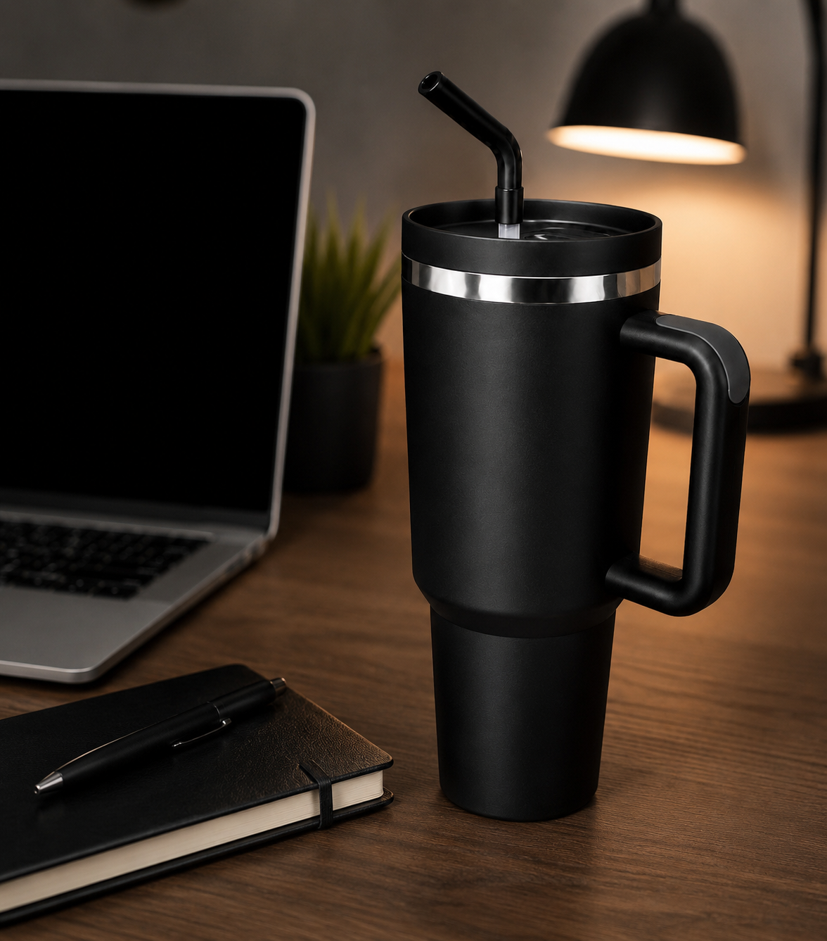Black stainless steel tumbler with ergonomic handle and reusable straw lid on a home office desk beside a laptop, notebook, and desk lamp, showcasing large-capacity insulated drinkware for all-day hydration and daily productivity.