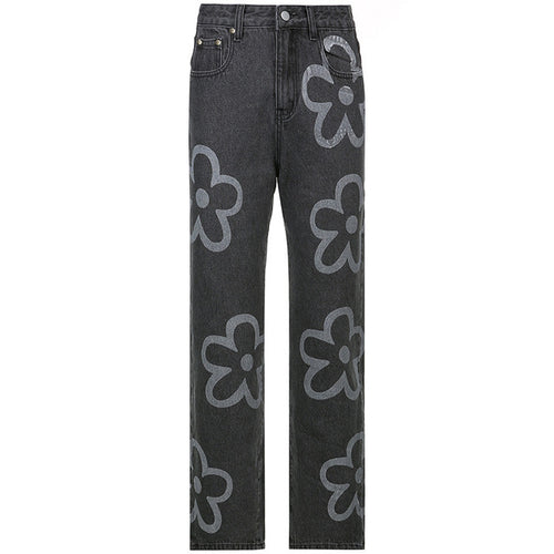 Y2KGIRL Vintage Floral Pattern Patchwork Jeans Women High Waist Cute