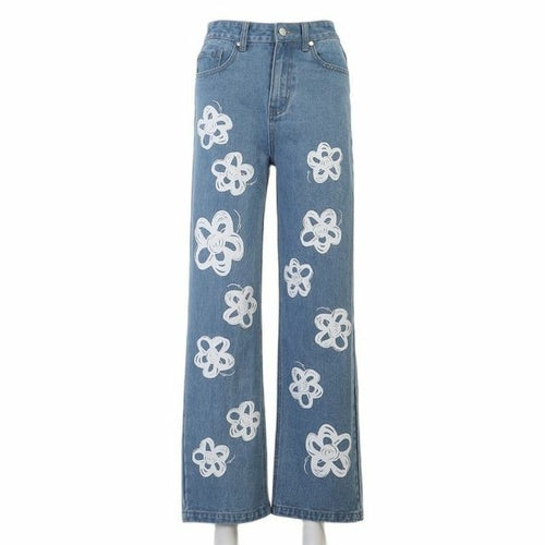Y2KGIRL Vintage Floral Pattern Patchwork Jeans Women High Waist Cute