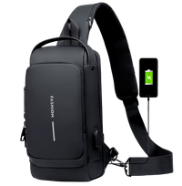 All black waterproof anti-theft men's chest bag with USB charging port and crossbody shoulder strap