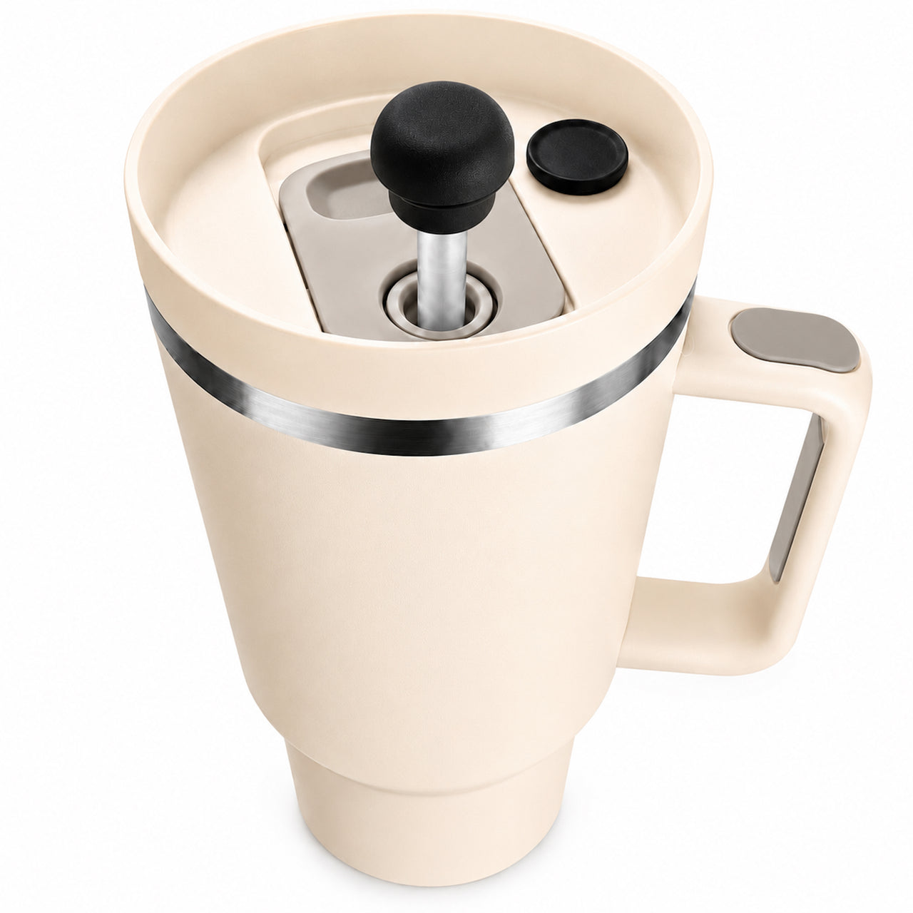 Black magnetic silicone straw cover cap attached to a 40oz insulated stainless steel travel tumbler with handle and leak resistant straw lid for reusable iced coffee and hydration use
