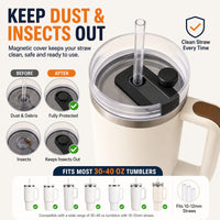 Magnetic silicone straw cover cap for 40oz insulated stainless steel travel tumbler with handle helping block dust, debris, and insects from reusable straw lids