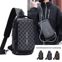 Gray checkered anti-theft men's crossbody chest bag with password lock, shown with sling strap and color options