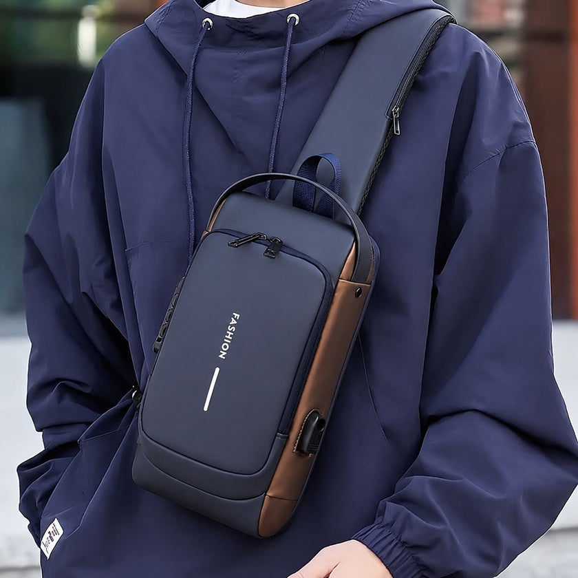 Man wearing an anti-theft crossbody chest bag