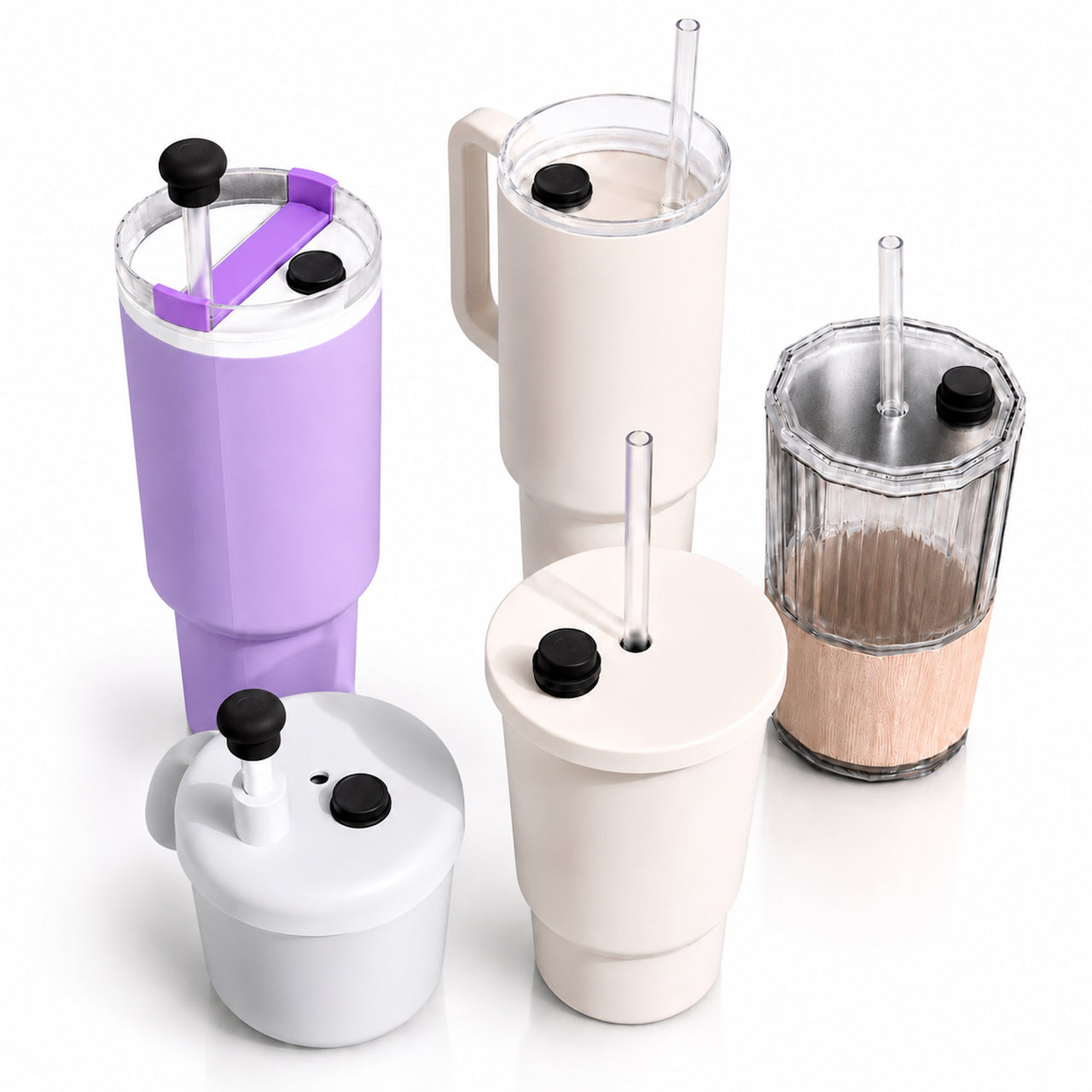 Magnetic silicone straw cover caps shown on multiple reusable cups and 40oz insulated stainless steel travel tumblers with leak resistant straw lids and handled drinkware designs