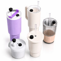 Magnetic silicone straw cover caps shown on multiple reusable cups and 40oz insulated stainless steel travel tumblers with leak resistant straw lids and handled drinkware designs