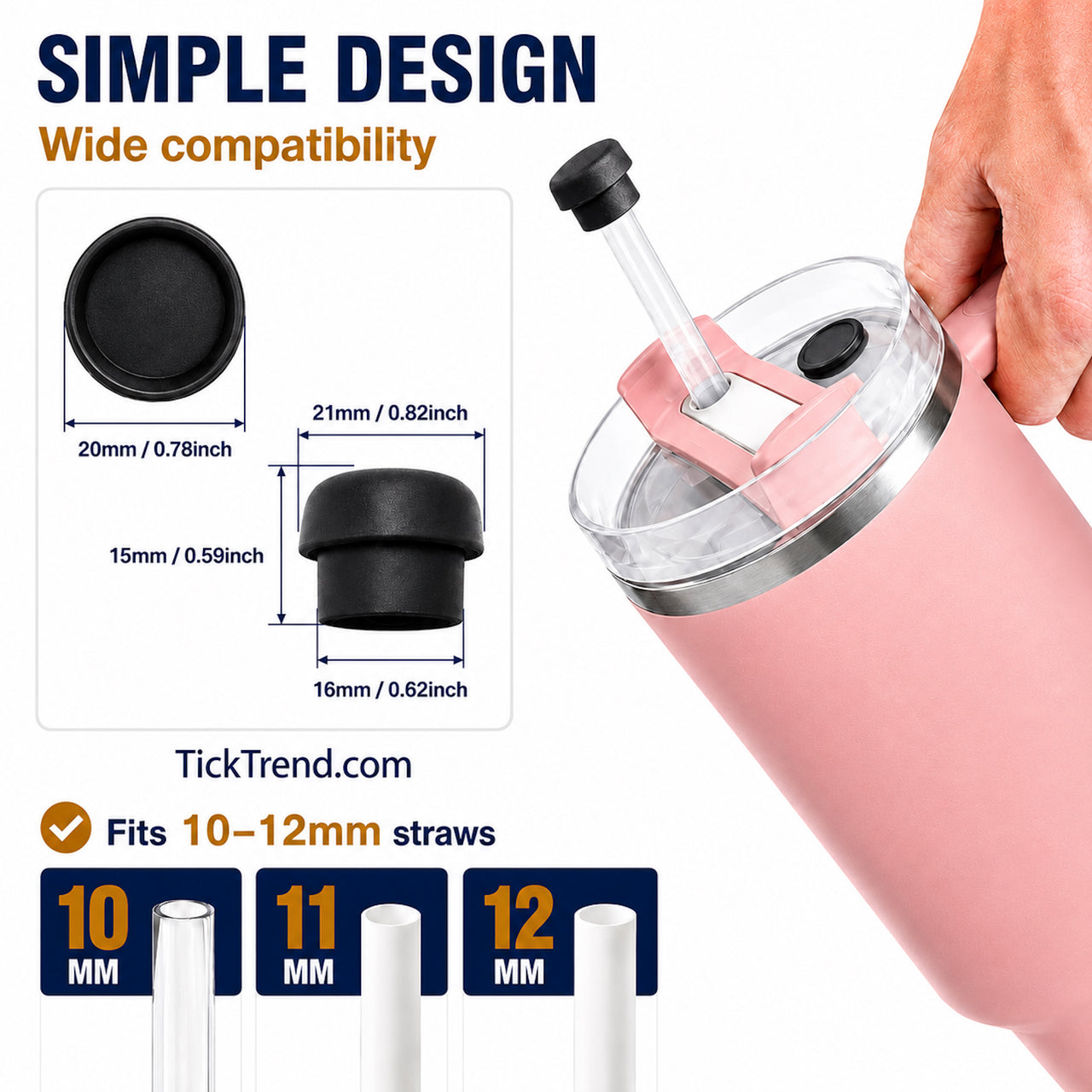 Magnetic silicone straw cover cap size guide showing compatibility with 10mm to 12mm reusable straws on 40oz insulated stainless steel travel tumblers with handle and leak resistant straw lids