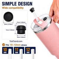 Magnetic silicone straw cover cap size guide showing compatibility with 10mm to 12mm reusable straws on 40oz insulated stainless steel travel tumblers with handle and leak resistant straw lids