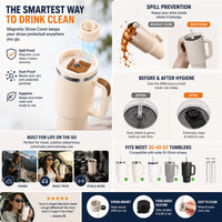 Magnetic silicone straw cover for 40oz insulated stainless steel travel tumbler with handle showing spill prevention, dust protection, hygiene benefits, and leak resistant straw lid use