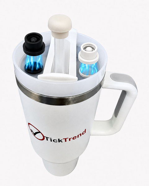 Black and pearl white magnetic silicone straw cover caps on a 40oz handled tumbler, showing magnetic attachment, dust protection, and spill resistant straw coverage.