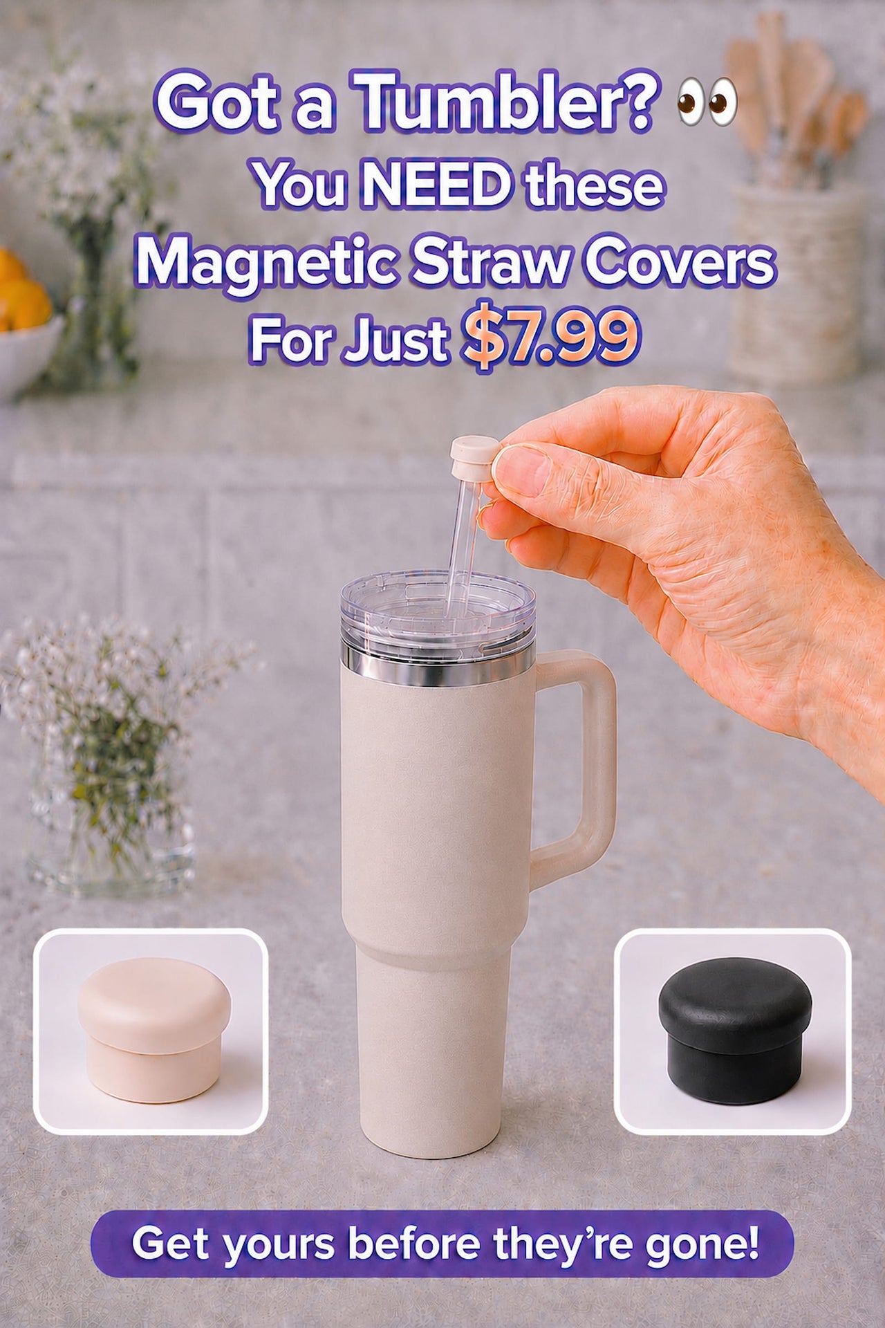 Magnetic silicone straw covers for 40oz insulated stainless steel travel tumblers with handle featuring reusable leak resistant straw lid protection in pearl white and black