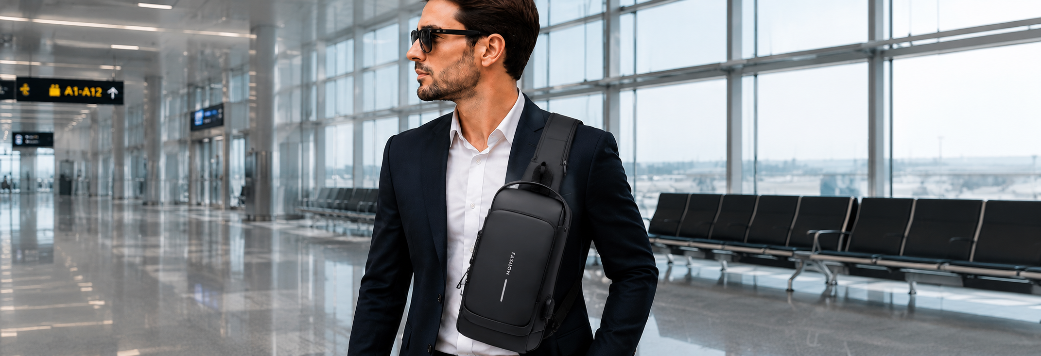 Professional man wearing a waterproof anti-theft shoulder bag at the airport