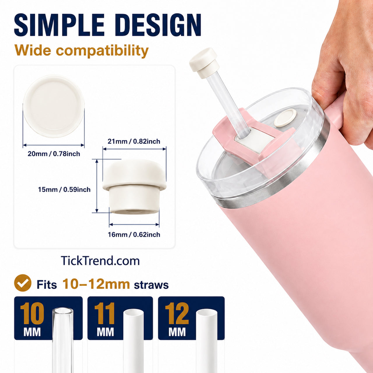 Magnetic silicone straw cover cap with wide compatibility for 10mm to 12mm reusable straws on 40oz insulated stainless steel travel tumblers with handle and leak resistant straw lids