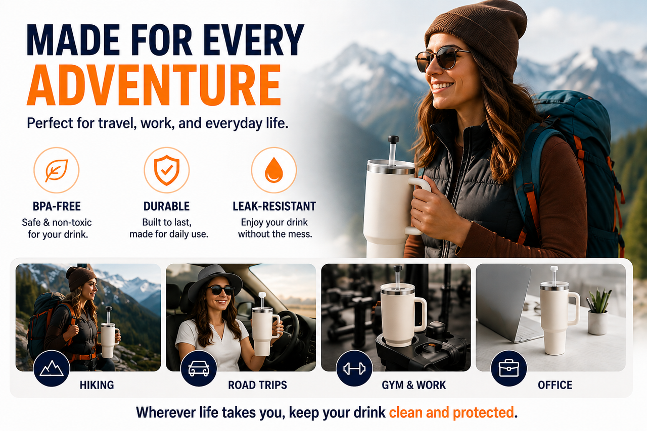 40oz insulated stainless steel travel tumbler with handle and leak resistant straw lid shown for hiking, road trips, gym, office, and everyday hydration use