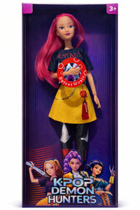 Front view of Zoey K-Pop anime collectible doll in premium display packaging with long pink hair and detailed fashion outfit.