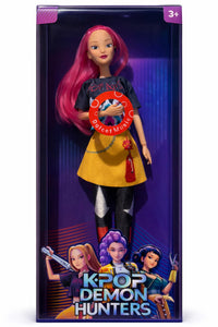 Zoey articulated K-Pop Demon Hunter doll showcased in glossy collector-style packaging with vibrant illustrated artwork.