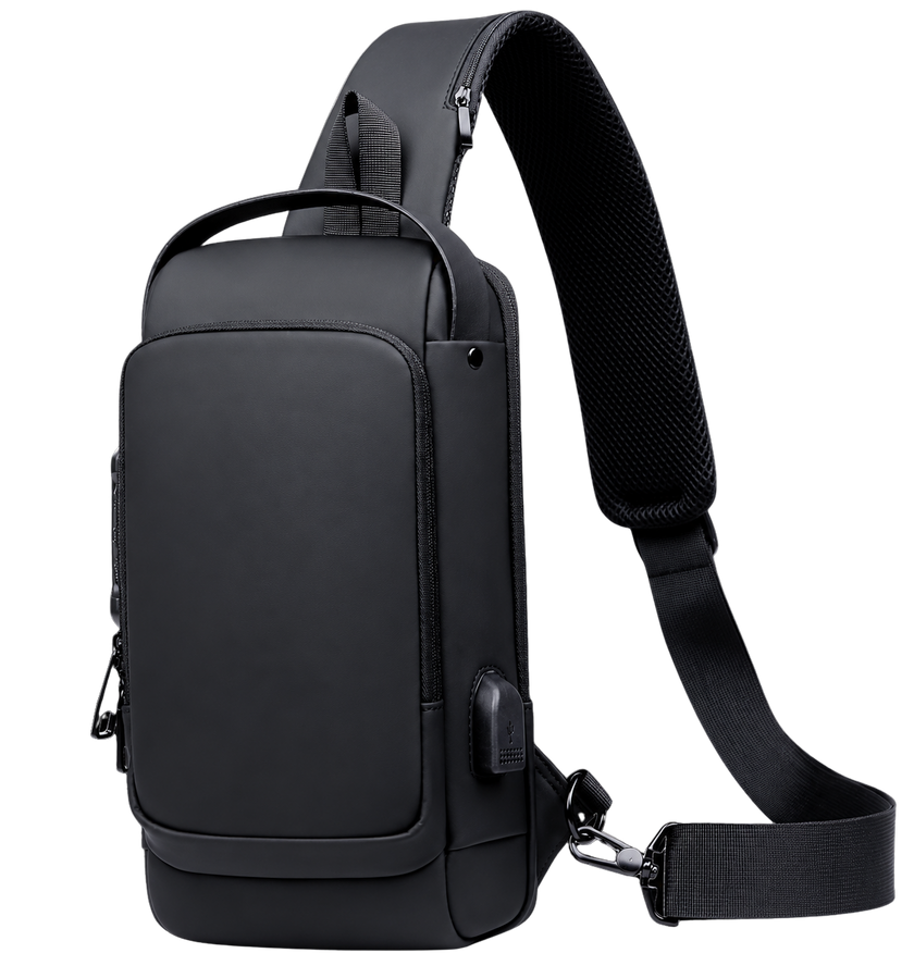 All Black water resistant anti theft sling bag with crossbody strap and organized storage
