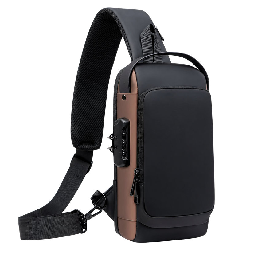 Black & Brown water resistant anti theft sling bag with crossbody strap and organized storage