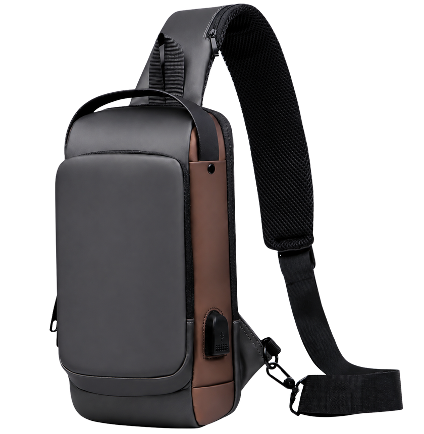Gray & Brown water resistant anti theft sling bag with crossbody strap and organized storage