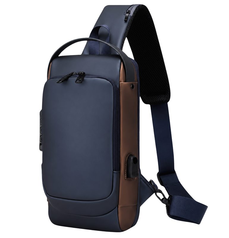 Navy blue and brown waterproof anti-theft shoulder bag