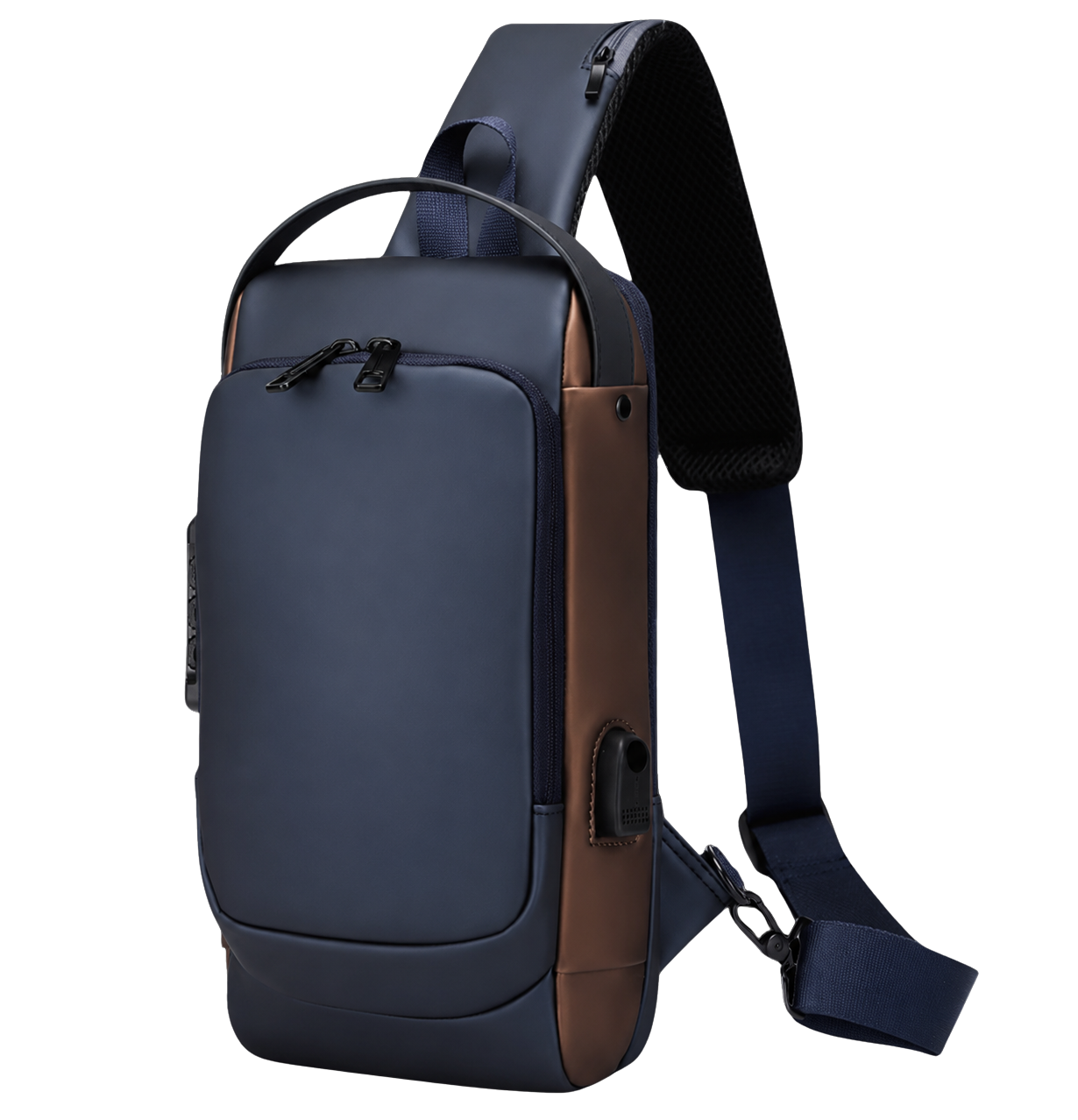 Navy blue and brown waterproof anti-theft shoulder bag