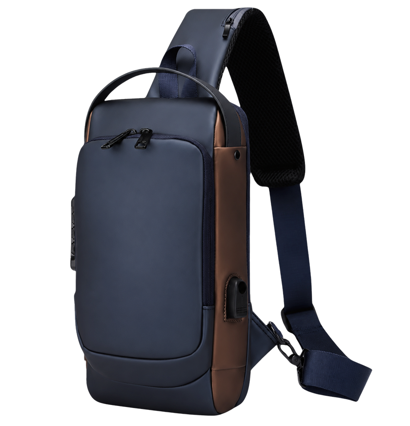 Navy Blue & Brown water resistant anti theft sling bag with crossbody strap and organized storage